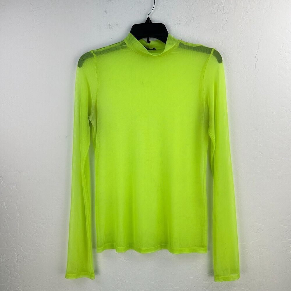 Sans Sauci Sheer Top Cover Up Womens‎ M Neon Green Turtleneck Long Sleeve  Mesh